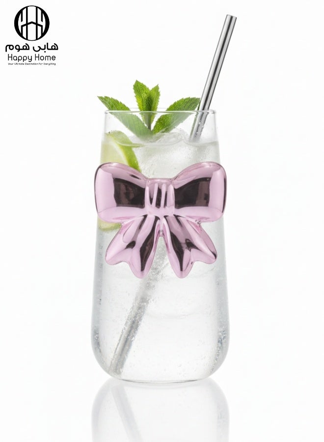 هابي هوم كوب زجاجي شفاف 550 مل مزين بفيونكة وردية أنيقة – كأس عصري فاخر وجمالي لشرب العصائر، النسكافيه، والايس كوفي – تصميم فاخر للاستخدام اليومي والمناسبات الخاصة – مثالي للهدايا والتقديم العصري على طاولة المطبخ والسفرة - Image 1